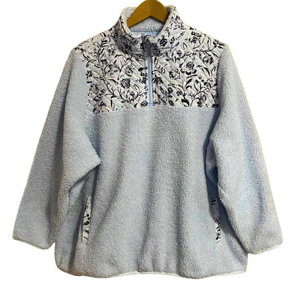 Vera Bradley Teddy Fleece 1/4 Zip Pullover Womens 3X Blue Floral Quilted Pockets